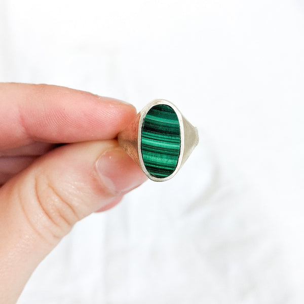 Green Malachite Oval Silver Signet Ring
