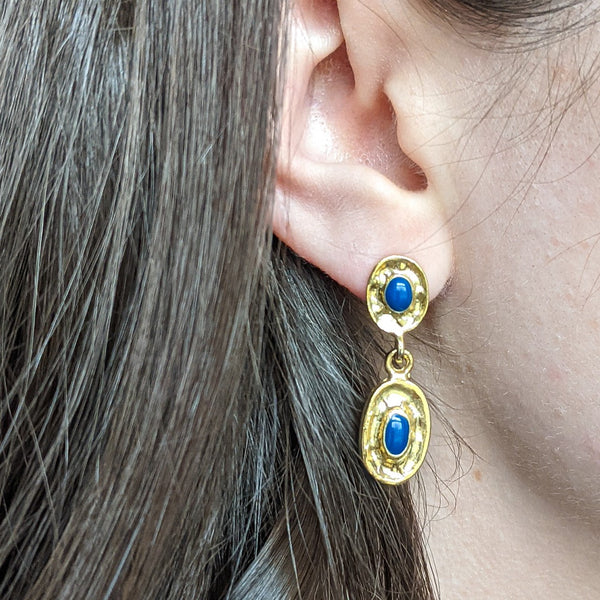 Gold Tone Blue Stone Dangle Earrings