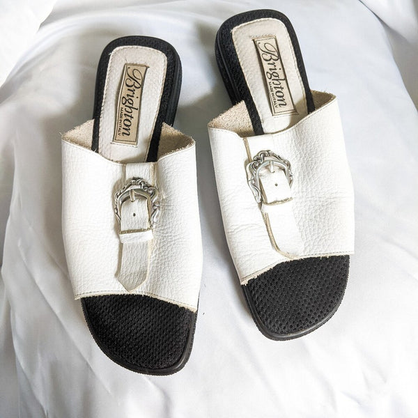 White Leather Buckle Slides