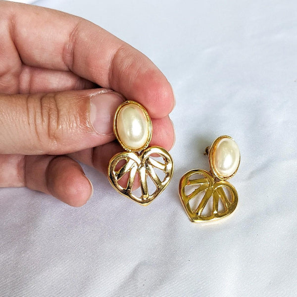 Vintage Gold Oval Pearl Heart Post Dangle Earring
