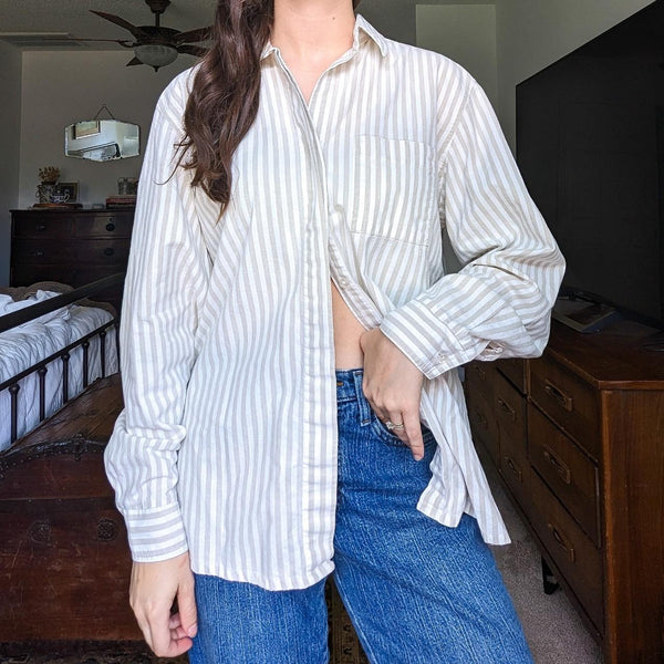 Vintage Norm Thompson Cotton Neutral Stripe Button Down Top