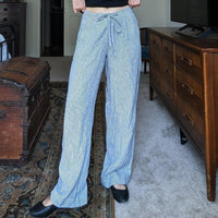 Flowy Wide Leg Linen Blend Blue and White Stripe Coastal Pants