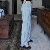 Flowy Wide Leg Linen Blend Blue and White Stripe Coastal Pants