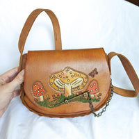 Vintage Tooled Leather Mushroom Painted Brass Hardware Crossbody Bag
