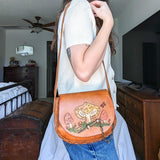 Vintage Tooled Leather Mushroom Painted Brass Hardware Crossbody Bag