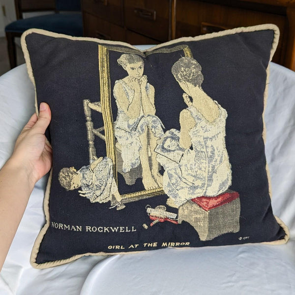 Vintage Norman Rockwell Girl At The Mirror Embroidered Decorative Art Pillow