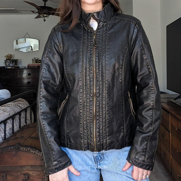 Vintage Faux Leather Stitched Moto Style Jacket