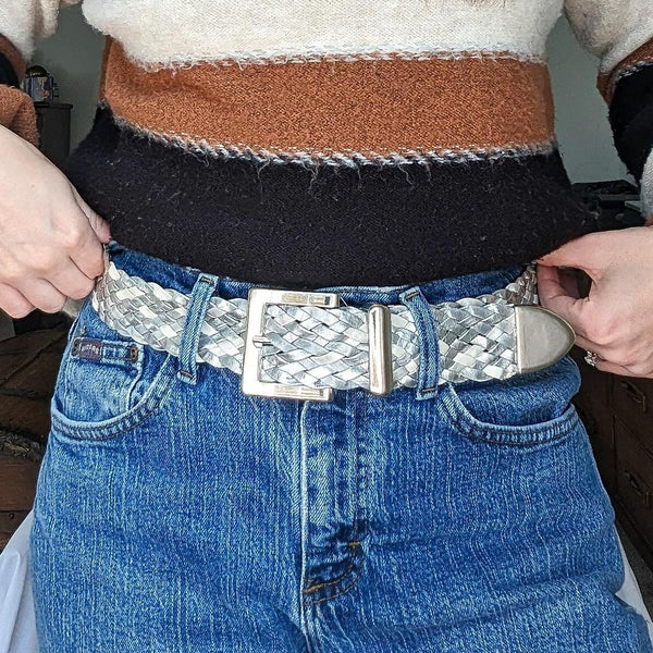 Vintage Shiny Silver Buckle Leather Braided Belt