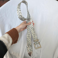 Vintage Shiny Silver Buckle Leather Braided Belt