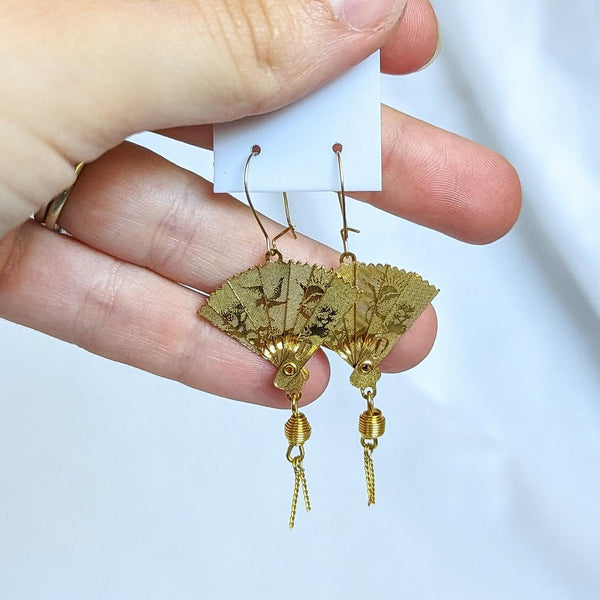 Vintage Pair Gold Tone Dangle Bird Motif Fold Out Fan Tassel Earrings