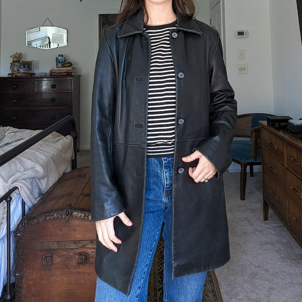 Vintage Women's Black Leather Long Trench Style Jacket