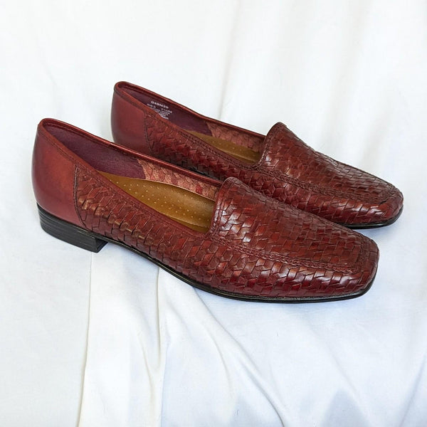 Vintage Dark Red Braided Leather Square Toe Loafers