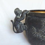 Vintage Chinoiserie Bamboo Motif Monkey Handle Planter Pot