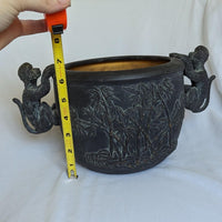 Vintage Chinoiserie Bamboo Motif Monkey Handle Planter Pot