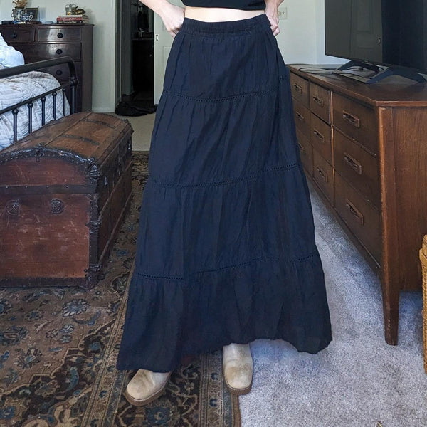 Vintage Basic Editions Black Tiered Crochet Detail Maxi Skirt