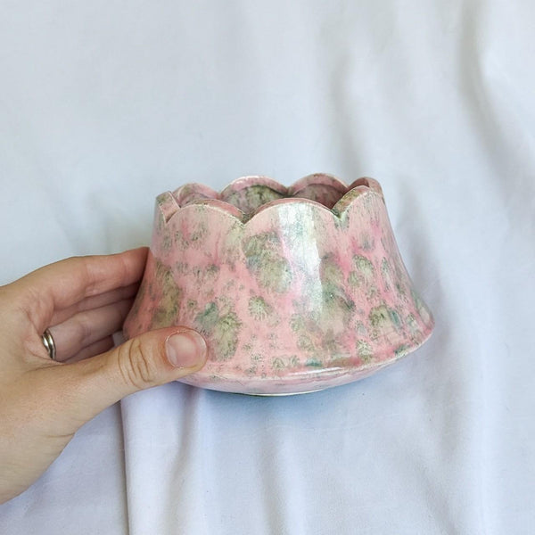 Vintage Ceramic Pink + Green Scallop Edge Pottery Vessel