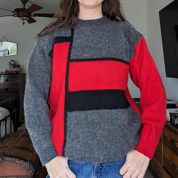 Vintage 90s Color Block Red Lambswool Angora Blend Sweater