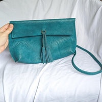 Anthropologie Dreia Teal Leather Tassel Envelope Crossbody Bag by Street Level