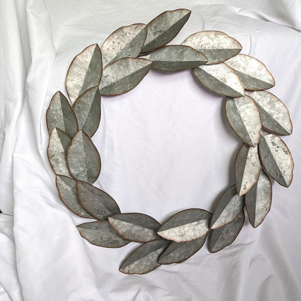 Large Silver Galvanized Metal Laurel Wreath