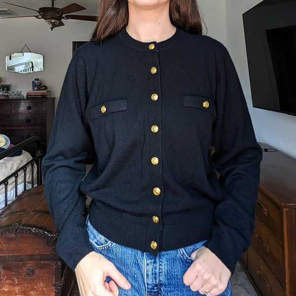 Vintage Gold Button Detail Black Button Up Cardigan Sweater