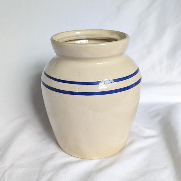 Vintage Ceramic Pottery Cream and Blue Stripe Crock Vase