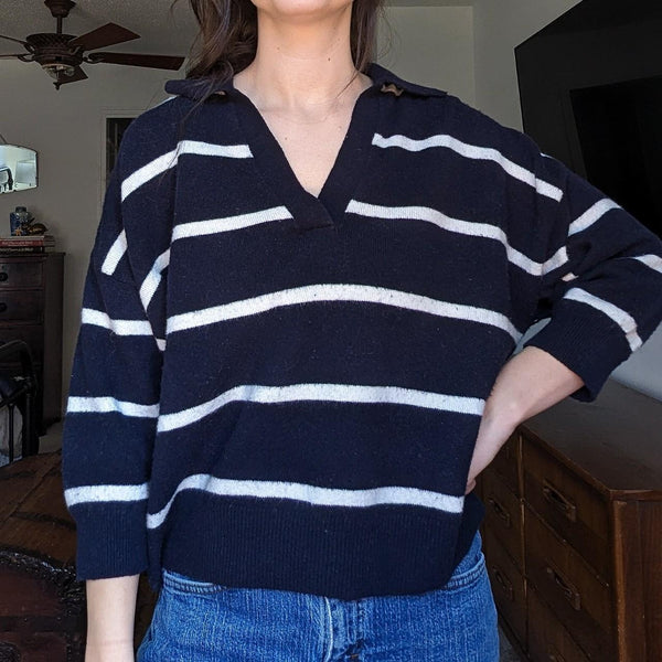 H&M Navy & White Stripe 3/4 Sleeve Collar Sweater