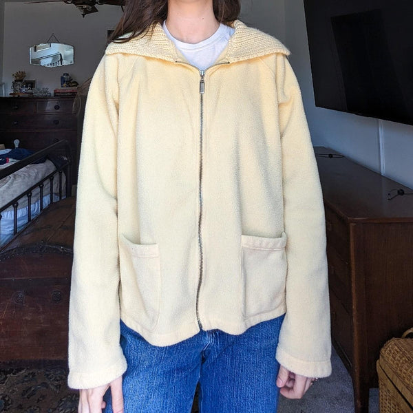 Vintage Butter Yellow Sweater Foldover Collar Fleece Zip Up Jacket