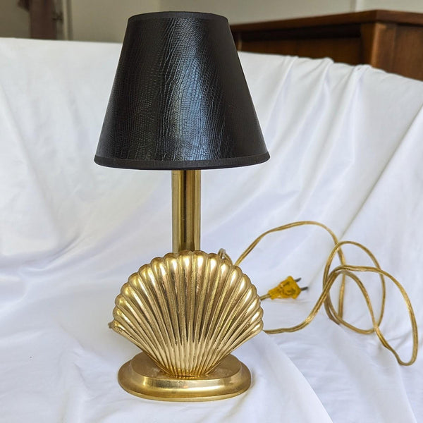 Vintage Brass Clamshell Mini Lamp with Black Embossed Shade