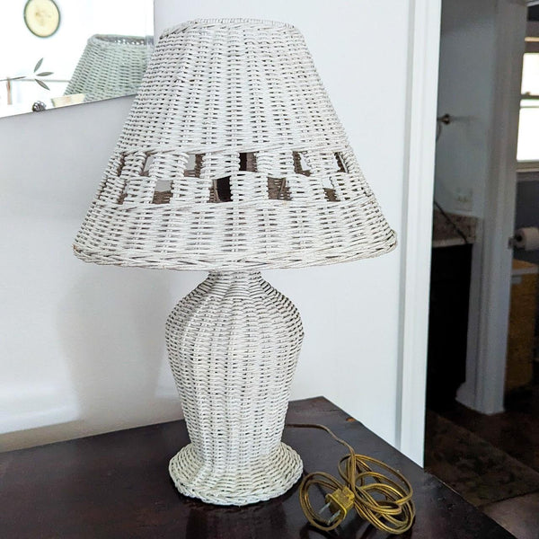 Vintage White Wicker Woven Matching Lamp + Lampshade