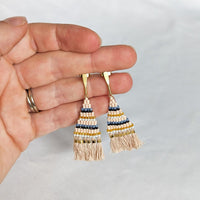 Handmade Artisan Beaded Tassel Gold Accent Dangle Post Earrings