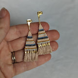 Handmade Artisan Beaded Tassel Gold Accent Dangle Post Earrings