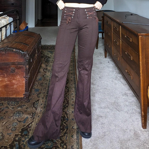 Vintage bebe Y2K Brown Low Rise Lace Up Flare Pants