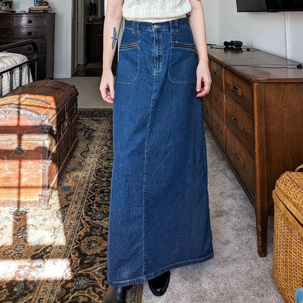 Vintage Liz Claiborne Dark Blue Zipper Pocket Detail Denim Maxi Skirt