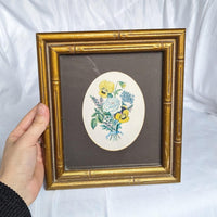 Vintage Bamboo Gold Frame Oval Matted Framed Floral Print Hanging Wall Art