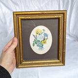 Vintage Bamboo Gold Frame Oval Matted Framed Floral Print Hanging Wall Art