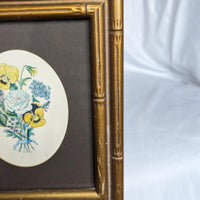 Vintage Bamboo Gold Frame Oval Matted Framed Floral Print Hanging Wall Art