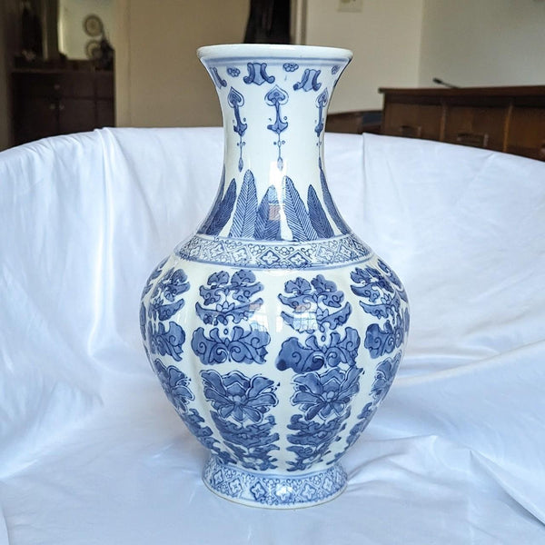 Vintage Blue and White Large Chinoiserie Style Vase