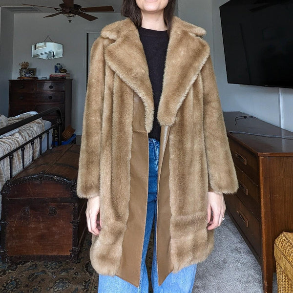 Vintage Faux Fur Vegan Leather Trim Coat