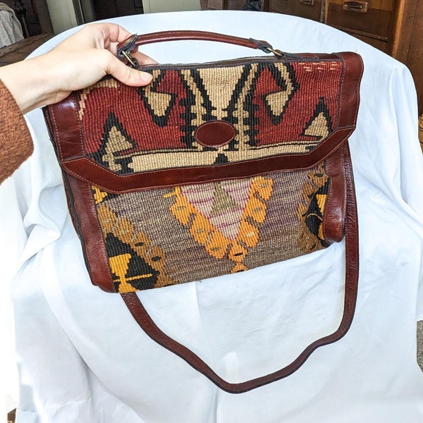 Vintage Woven Kilim Leather Trim Work Bag