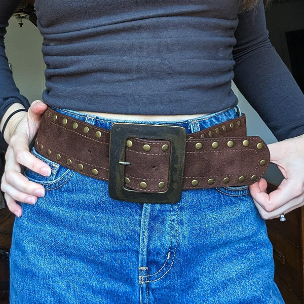 Vintage Y2K Via Spiga Brown Leather Gold Brass Studded Chunky Belt