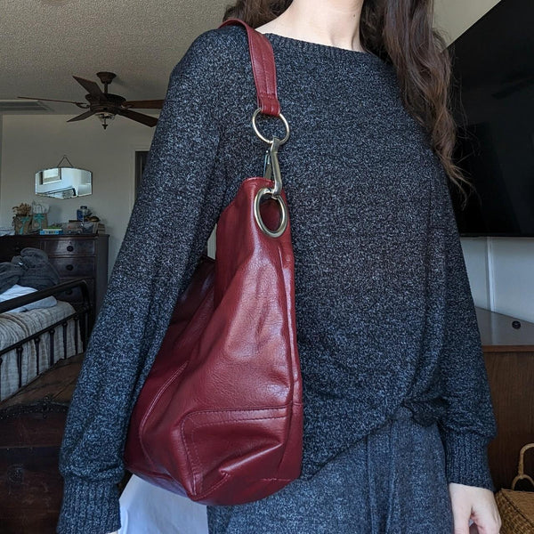 Vintage Bueno Dark Red Faux Leather Silver Hardware Large Purse