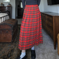 Vintage Red Pleated Plaid Maxi Skirt