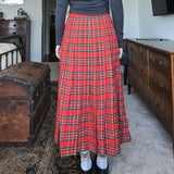 Vintage Red Pleated Plaid Maxi Skirt