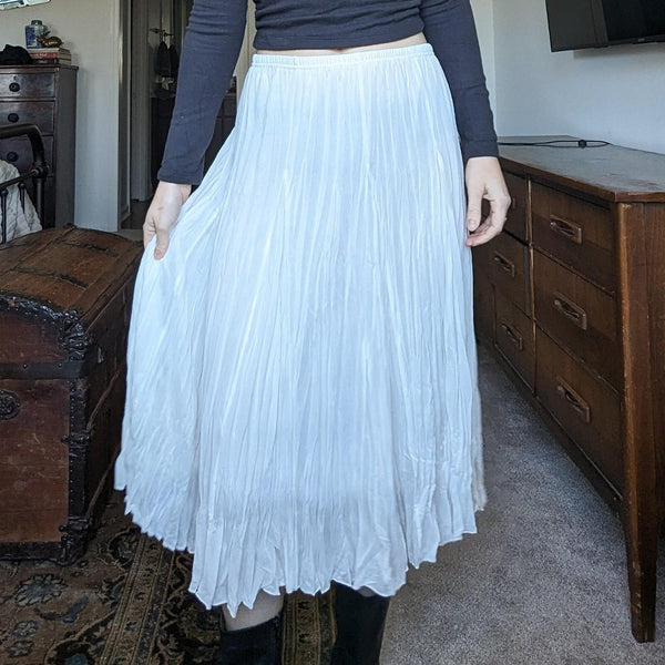 Vintage White Crinkle Pleated Texture Flowy Midi Skirt