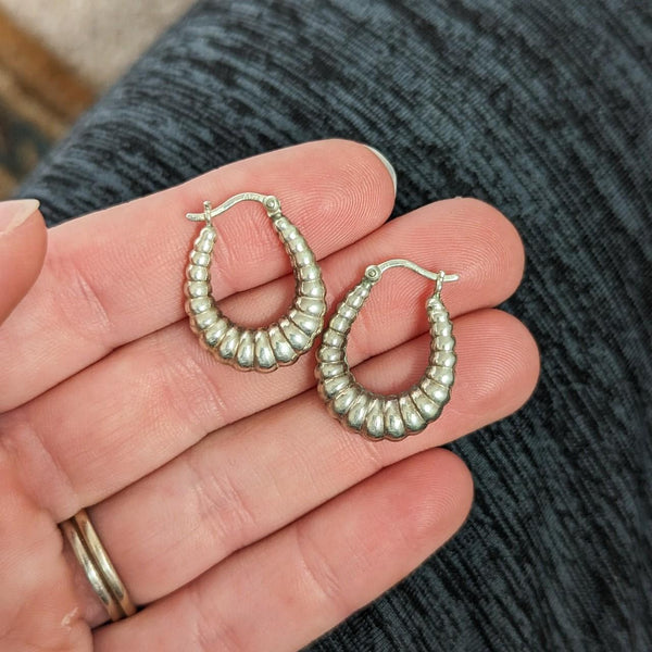 Vintage 925 Sterling Silver Shrimp Ribbed Hoop Earrings