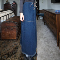 Vintage Y2K Dark Denim Leather Lace Up Front Maxi Skirt