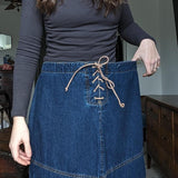 Vintage Y2K Dark Denim Leather Lace Up Front Maxi Skirt