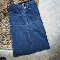 Vintage Y2K Dark Denim Leather Lace Up Front Maxi Skirt