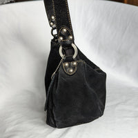 Vintage Y2K Black Suede Shoulder Purse with Silver Grommet Accents