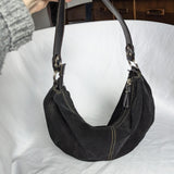 Vintage Y2K Black Suede Shoulder Purse with Silver Grommet Accents